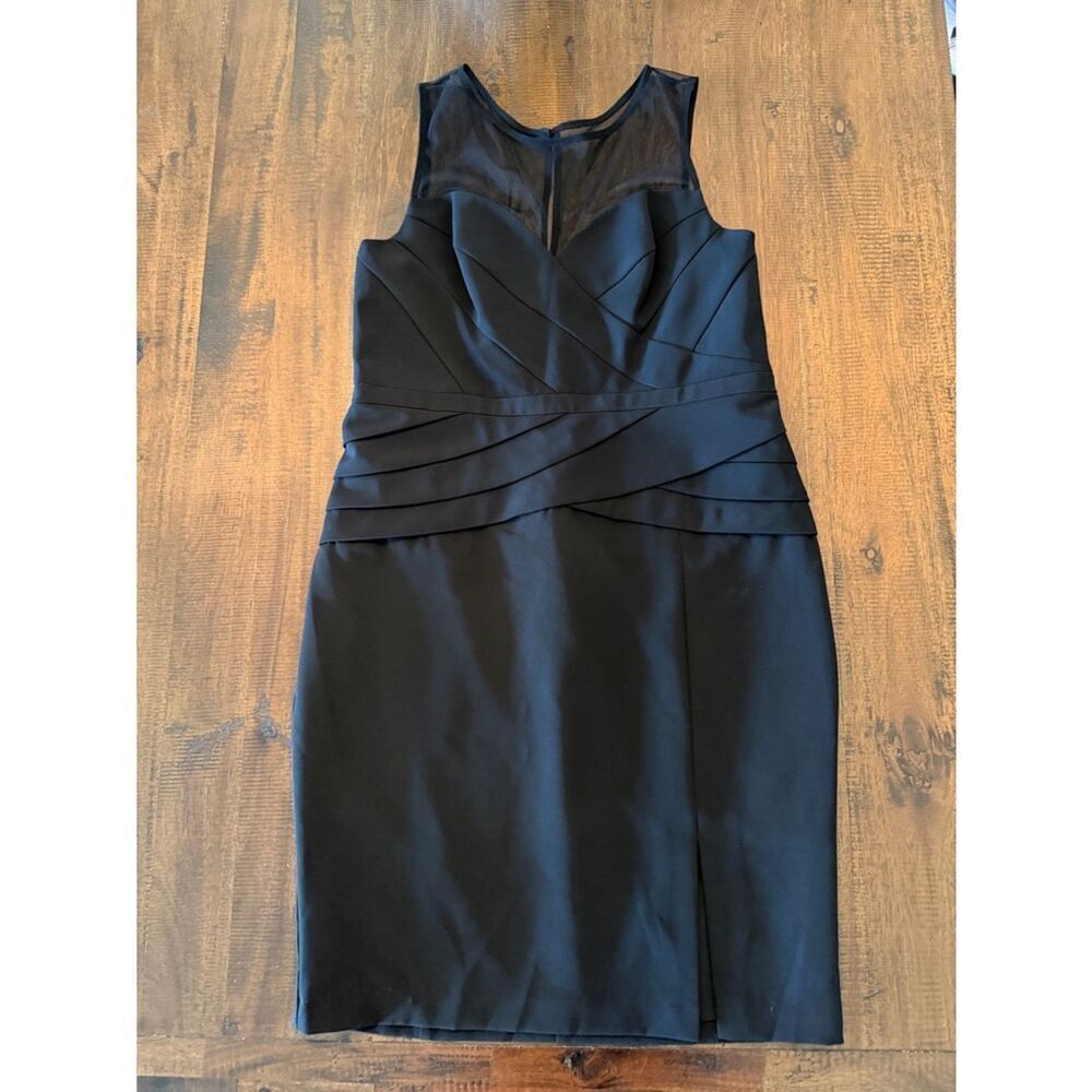 Aidan Mattox Black Sleeveless Midi Sheath Dress with Mesh Yoke